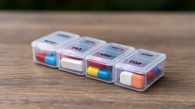 Four clear plastic compartments for daily medication  each labeled with day of week and containing assorted pills and capsules