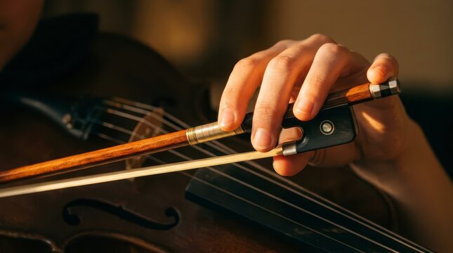 Close-Up of a Hand Holding a Violin Bow While Playing a Melodic Phrase in a Warmly Lit Setting