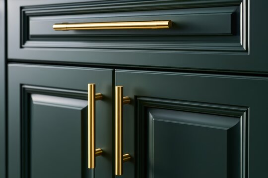 Dark green raised panel kitchen cabinet doors with polished brass t-bar rail handles. Elegant transition mdf furniture facade system close-up for custom architectural millwork and cupboard design.