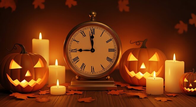Vintage alarm clock with glowing pumpkins and candles for a spooky halloween night celebration