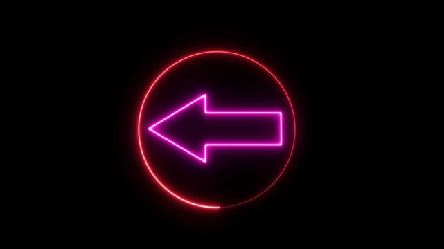 Vibrant neon glowing left arrow sign encased within a circular frame featuring pulsing electric light effects against a deep black background, for modern digital, interface and motion