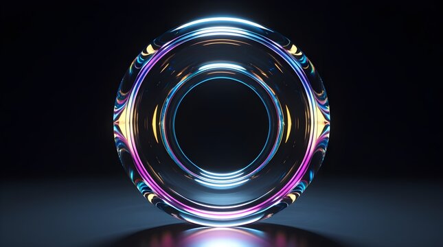 Head-on view of glass torus with concentric neon light rings.