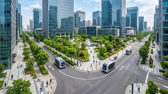 Autonomous shuttles circulate through a modern cityscape with futuristic buildings and green park spaces