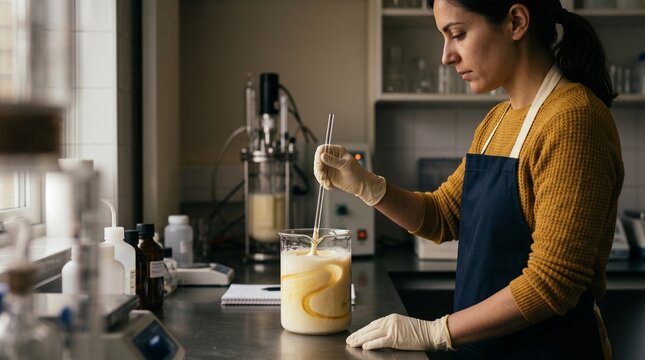 Technician blends microbial lipids at formulation bench