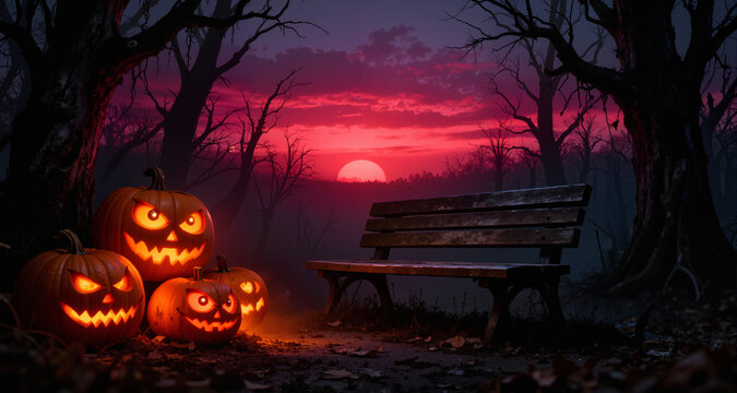 A spooky forest sunset with a haunted evil glowing eyes of Jack O' Lanterns on the left of a wooden bench on a scary halloween night.

