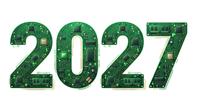 Green circuit board pattern forming the numbers 2027 for technology-themed digital design
