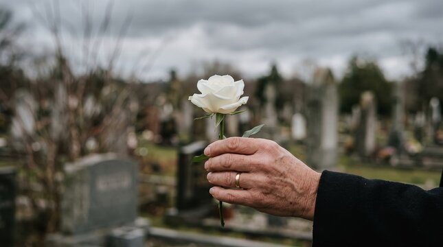 Hand holding white rose in cemetery