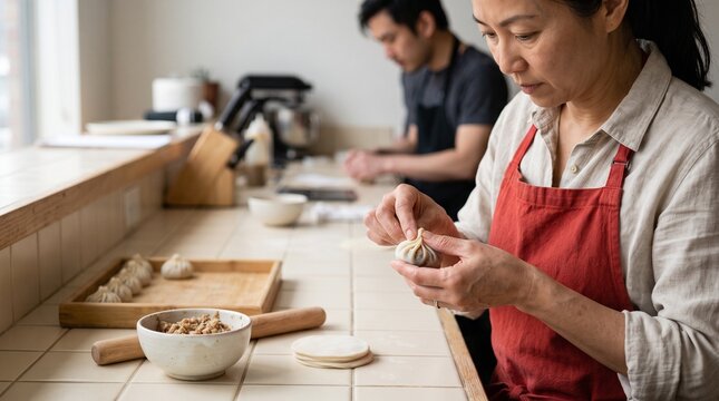 Careful hands pleat dumplings at a cooking class