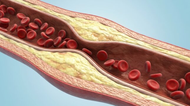 Detailed Medical Illustration of Human Artery Cross-Section Showing Blood Cells and Fat Deposits