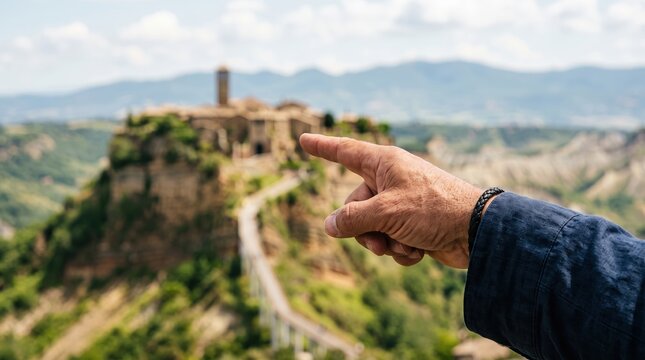 Hand pointing to Civita di Bagnoregio town
