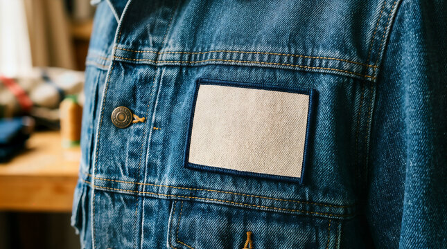 Denim jacket pocket detail with blank rectangular patch label