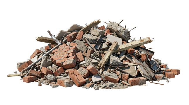 Pile of construction debris with bricks and concrete on transparent background for design projects and architectural planning