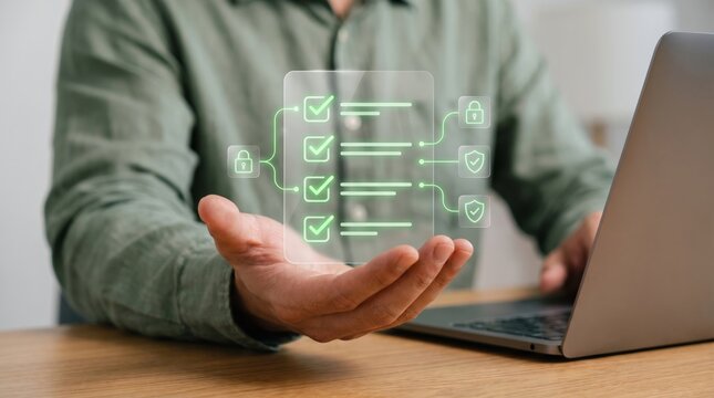 Hand interacts with a holographic digital checklist, symbolizing efficient task management, successful project completion, and innovative business workflow technology