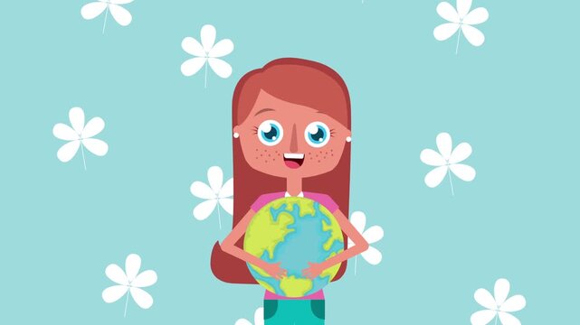 Eco friendly girl hugging earth globe with falling flowers animation for environmental protection concept.