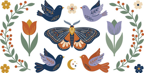 Obraz premium Vintage Floral and Bird Illustration with Decorative Butterfly, Botanical Wreath, Tulips, Flowers, and Celestial Folk Art Elements