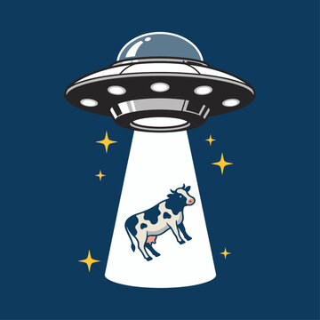 A playful illustration depicts a UFO beaming a cow up into space, showcasing humor and whimsy while blending themes of science fiction and rural life.