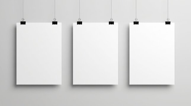 Three blank vertical posters hanging with black metal clips on gray wall