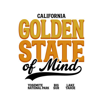 This image features a vintage-inspired typography design representing California's essence, showcasing iconic landmarks like Yosemite National Park and Lake Tahoe.