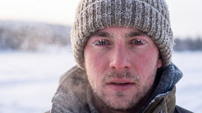 Man with frost on eyelashes and beard in cold weather