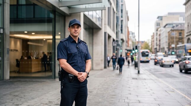 Male security guard standing outside office