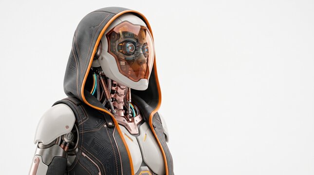 Humanoid android with a translucent face visor and hooded vest poses against a clean white background.