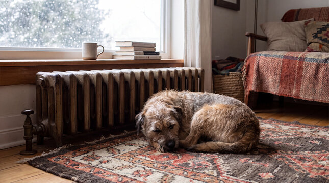 Terrier dog sleeping curled up beside a vintage cast iron radiator