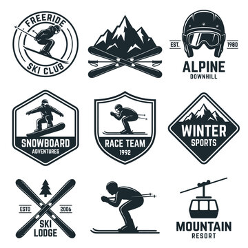 This image showcases a variety of stylish logos and designs focused on winter sports, emphasizing the thrill and artistry of skiing and snowboarding activities.