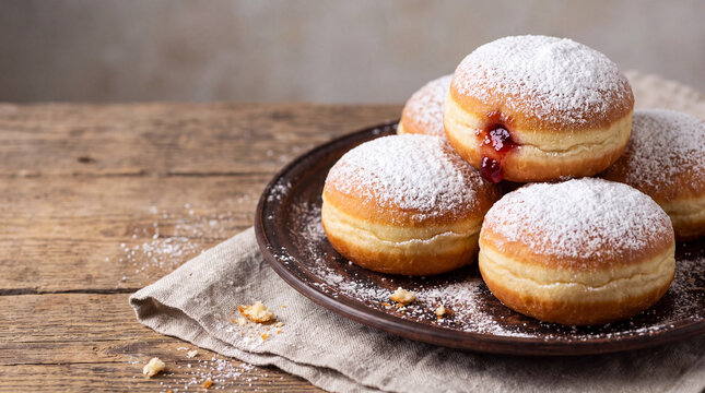 Fresh jam doughnuts with powdered sugar on a wooden table