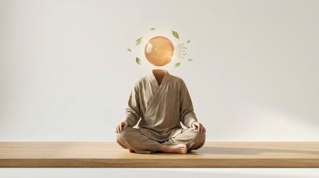 Meditating Figure with Head Transformed into a Glowing Sphere Representing Energy and Inner Awareness