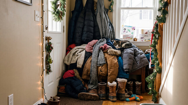 Messy Entryway With Pile of Winter Coats and Sleeping Cat