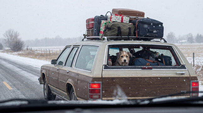 Dog looking out of station wagon during snowy road trip