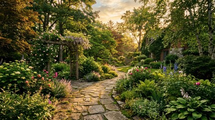 Fototapeta premium Scenic Garden Pathway Surrounded by Colorful Flowers Under Soft Sunset Light