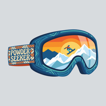 This design features a pair of trendy snow goggles reflecting a vibrant sunset and mountains, perfect for showcasing winter sports and adventure gear.