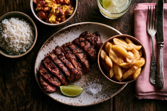 Brazilian Feast: Grilled Picanha Steak, Feijoada Sides, Caipirinha, Rustic Table Setting