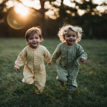 Joyful Toddlers in Colorful Jumpsuits Running on Sunlit Green Grass, Warm Glowing Scene with Lens Flare and Trees.