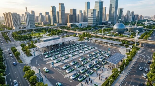 Electric taxi fleet charging at an urban station with a modern cityscape backdrop
