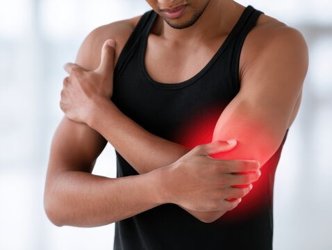 Athletic Caucasian man with elbow pain. Sport injury. Hand joint ache, arm inflammation symptom. Orthopedic healthcare and recovery. Male holding his painful forearm glowing red highlight. Arthritis