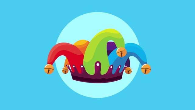 Jester hat with bells motion graphic animation, dynamic clip in a light blue background, video footage.