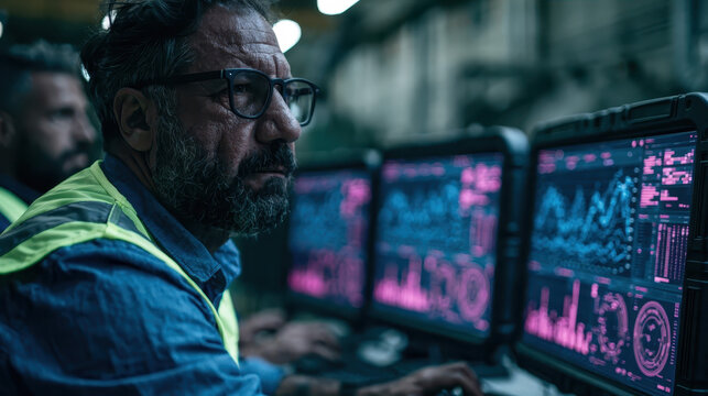 Industrial Data Analysts in a Factory: Men Analyzing Complex Charts on Monitors in a Dimly Lit Warehouse Setting