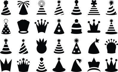 Fototapeta premium Party hats and royal crowns vector silhouettes set for festive birthday kids celebration