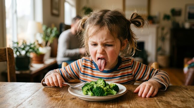 Young Girl Making Disgusted Face While Eating Broccoli at a Dining Table in a Cozy Family Kitchen