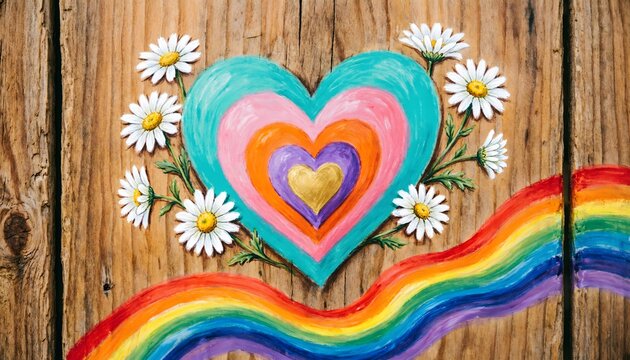 Multi-colored heart shape painted with vibrant acrylic pigments layered in concentric circles surrounded by delicate white daisy flowers and a sweeping rainbow 