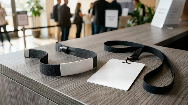 Conference event badge lanyard and wristband on registration desk with name tag