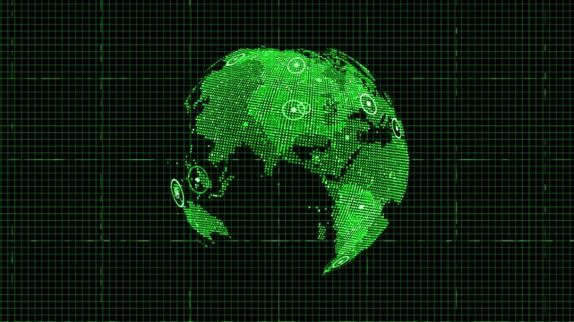 abstract digital world Rotate Green World Map Loop. This animated World map with visual effects and flying glowing 
