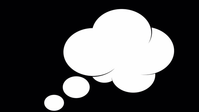 Thought bubble animation on Black background 4K, minimalist comic cloud motion graphic, animated thinking icon, silhouette dream bubble element, creative brainstorming concept visual.