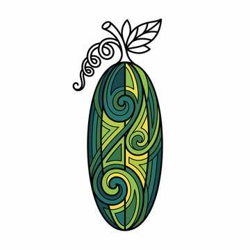 An artistic depiction of a gourd with intricate green patterns and leaves, symbolizing nature, growth, and the artistic merging of organic shapes and abstract lines.