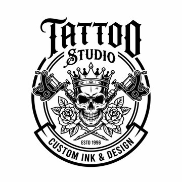 This powerful tattoo studio logo showcases a skull adorned with roses and tattoo machines, emphasizing creativity, artistry, and individuality in body art design.