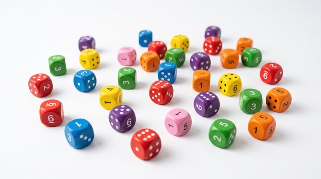 Collection of multicolored wooden dice scattered on a white, various numbers showing chance and luck, gambling, board game accessories, probability theory, random selection