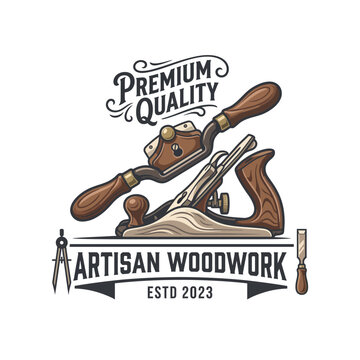 This image showcases a beautiful artisan woodworking logo, featuring classic tools representing craftsmanship, quality, and skilled woodworking production in a clean design.
