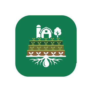 This illustration depicts a stylized farm with crops and tree roots on a green background, symbolizing agriculture, sustainability, and the connection between nature and farming.